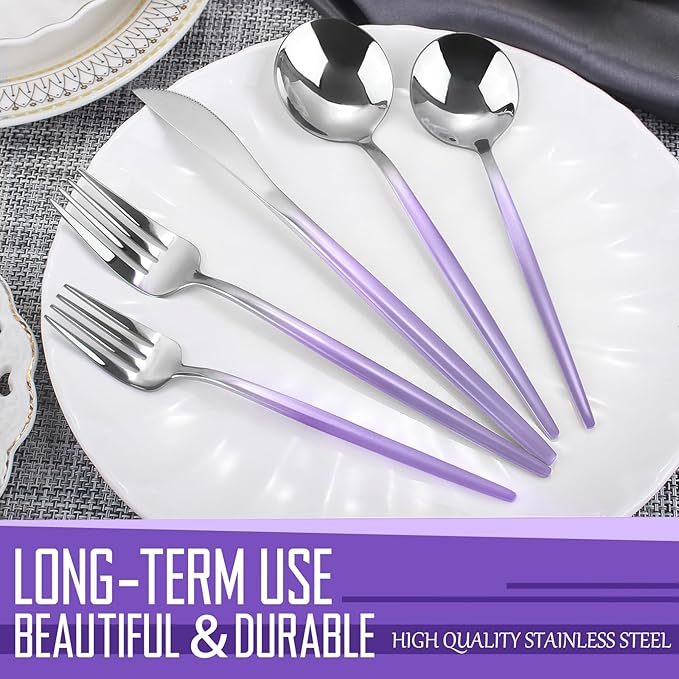Gradient Purple Silverware Set, 20-Piece Stainless Steel Flatware Cutlery Set, Kitchen Utensil Set Service for 4, Include Knife/Fork/Spoon, Mirror Polished, Dishwasher Safe