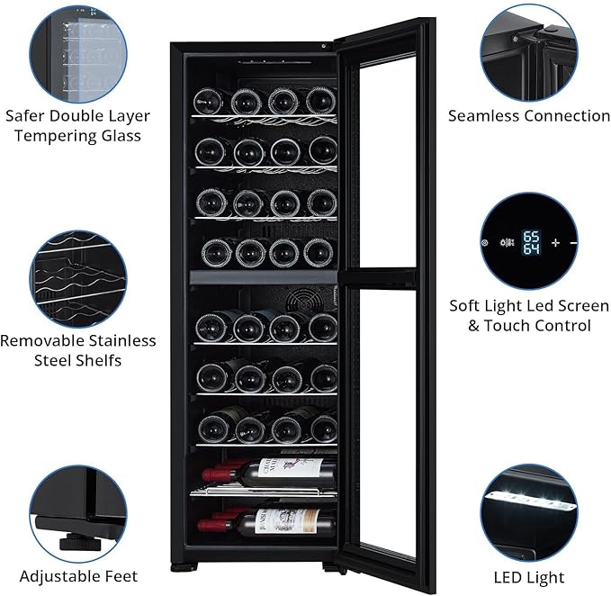 32 Bottle Wine Cooler Refrigerator, Freestanding Small Wine Fridge with Glass Door, Digital LED Temperature Control, Quiet Compressor Beverage Cooler, 41-64°F, for Red, White, Champagne
