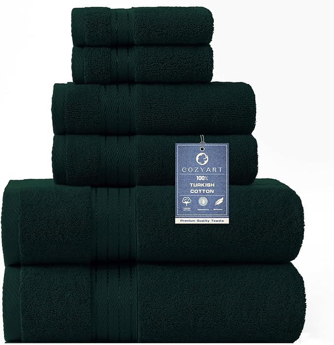 COZYART Deep Forest Green Bath Towel Set, Cotton Towel for Bathroom, Thick Soft Absorbent Bathroom Set of 6 with 2 Bath Towels, 2 Hand Towels, 2 Washcloths, 650 GSM