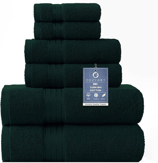 COZYART Deep Forest Green Bath Towel Set, Cotton Towel for Bathroom, Thick Soft Absorbent Bathroom Set of 6 with 2 Bath Towels, 2 Hand Towels, 2 Washcloths, 650 GSM