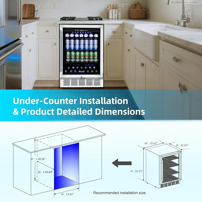 24 Inch Wide Beverage Refrigerator, 180 Can Under Counter Beverage Cooler, Drink Fridge with Glass Door Built-in or Freestanding Beer Fridge with Powerful Cooling Compressor - Silver