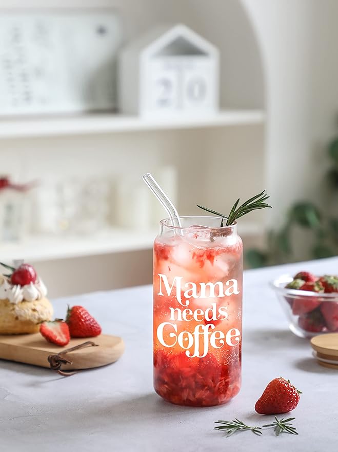 Christmas Gifts for Mom, 16 Oz Coffee Can Glass Cups, Drinking Cup with Lid and Straw, Moms Gift from Daughter and Son, Christmas Mothers Day Birthday Present Ideas for Mother, New Moms, Mom To Be