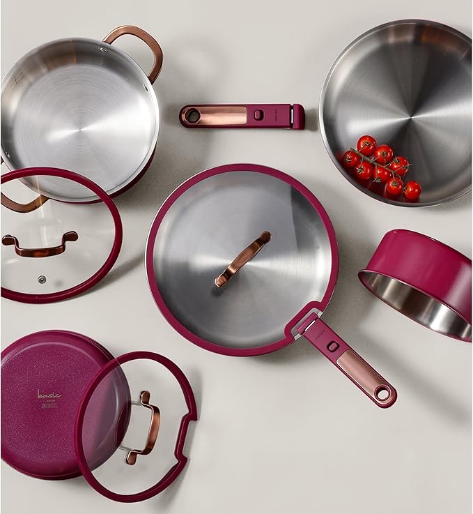 CAROTE 19pcs Tri-Ply Stainless Steel Cookware Set with Detachable Handle, Pots and Pans Set, Induction Kitchen Cooking Sets, RV/Camping Cookware, Outer Ceramic Layer, Oven Safe, Violet Purple