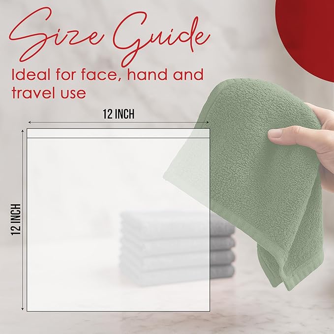 RIVERSIDE 12 Pack Washcloths - 12x12 Inches, 400 GSM, 100% Ring-Spun Cotton - Soft, Absorbent & Durable Face and Body Towels - for Bathroom, Spa, Gym, Makeup Removal & Everyday Use - Sage Green