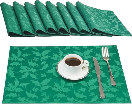 Cloth Place Mats Set of 8–Reusable Rectangular Waterproof Fabric Polyester Washable Wipeable Heat Resistant jacquard floralflowers for Kitchen Dining Dinner Wedding Table(Dark Green/13x19Inch)