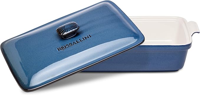 Stoneware Casserole Dish Bakeware Set with Lid, Covered Rectangular Dinnerware, Extra Large 4.23 Quart, 13 by 9 Inch, Blu Indaco [Reactive Blue]