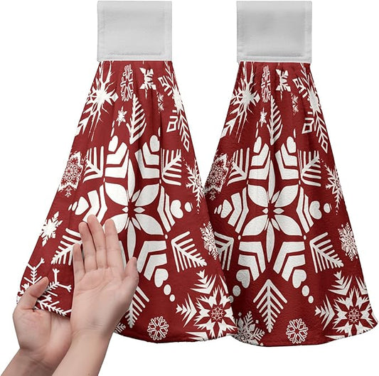 Snowflakes Xmas Hanging Kitchen Towels Winter Red Hand Tie Towel Soft Absorbent Christma Hanging Dish Towels for Kitchen Bathroom Home Decorations
