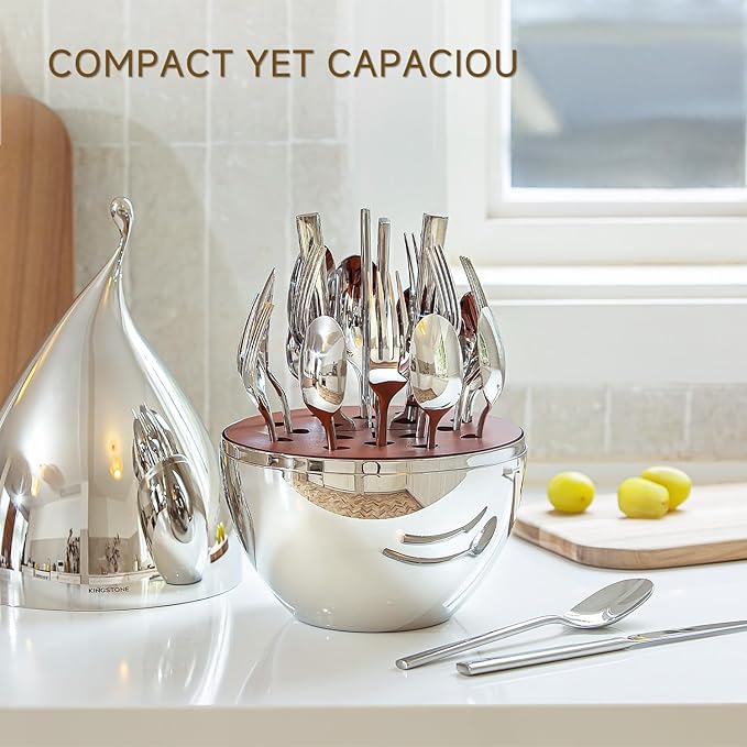 KINGSTONE Silverware Set with Waterdrop Storage Organizer, 20-Piece Forged Flatware Cutlery Set in Gift Box, Premium Stainless Stee Service for 4, Mirror Polished, Ideal for Kitchen, Wedding, Gift