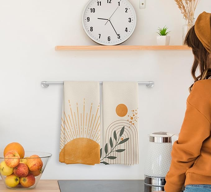 Boho Sun Sunrise Sunshine Rainbow Botanical Leaf Kitchen Towels and Dishcloths Set of 2,Boho Absorbent Drying Cloth Hand Towels Tea Towels for Bathroom Kitchen,Boho Gifts for Women Girls,16×24 inches