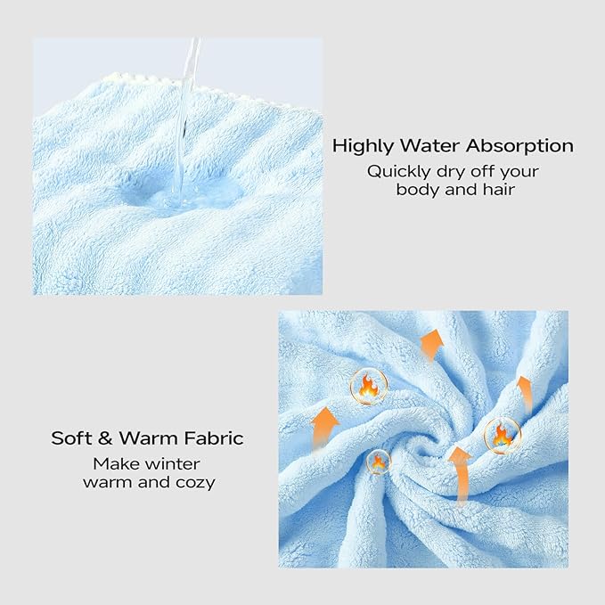 REDKISS Blue Towel Wrap for Women, XL Spa Shower Wrap with Hair Towel, Super Absorbent Bath Towels Robe for Body, Adjustable Microfiber Plush Bathrobe for Girls, Warmth Velcro Plus Size Wraps Towels
