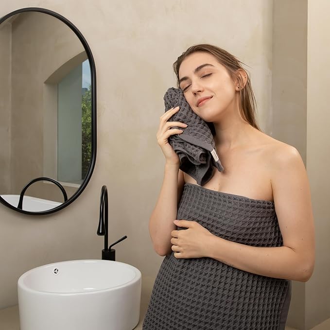 Luxury Organic Japanese Cotton Waffle Bath Towel | Thick, Absorbent, Quick Dry Bathroom Towels for Shower, Sauna, Onsen| Hotel & Spa Quality, Gift-Ready (Smoke Grey, Hand Towel (3 Pack))