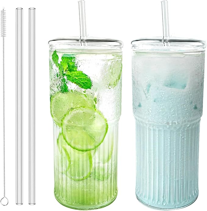 Glass Cups with Lids and Glass Straws, High Borosilicate 20OZ Tumblers (2Pcs) for Coffee, Tea, Juice, Smoothies, Hot/Cold Drinks at Home, Office（Creative Drink Label Design）