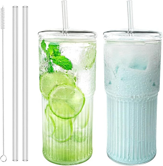 Glass Cups with Lids and Glass Straws, High Borosilicate 20OZ Tumblers (2Pcs) for Coffee, Tea, Juice, Smoothies, Hot/Cold Drinks at Home, Office（Creative Drink Label Design）