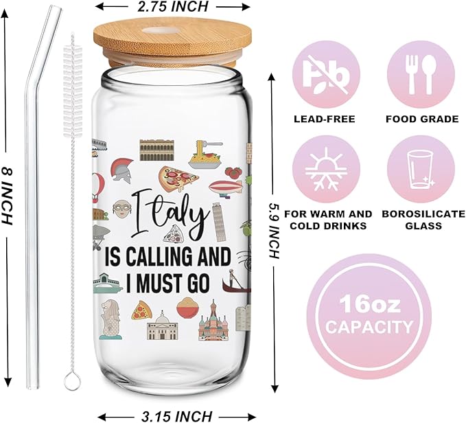 Italy Travel Essentials - Cute Glass Cup with Lids and Straws, 16 Oz Tumbler for Women's Birthday, Christmas, Travel Gifts