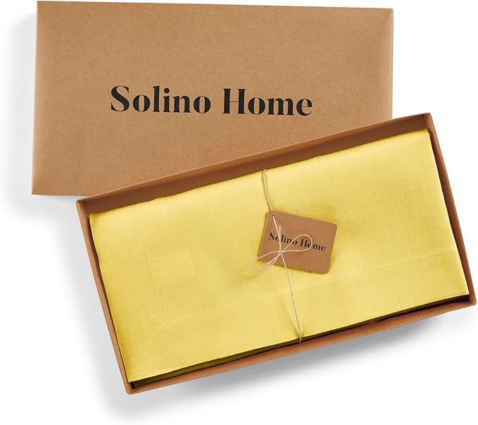 Solino Home Linen Square Tablecloth 52 x 52 Inch - 100% Pure Linen Sunshine Yellow Table Throw - Fete, Machine Washable Table Cloth