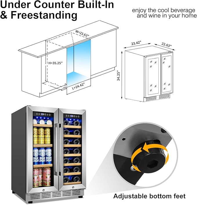 Wine and Beverage Refrigerator, 24 Inch Beverage Cooler Dual Zone with Glass Door, Built-in/Freestanding Beverage Fridge with Upgraded 20 Bottles and 90 Cans Large Capacity