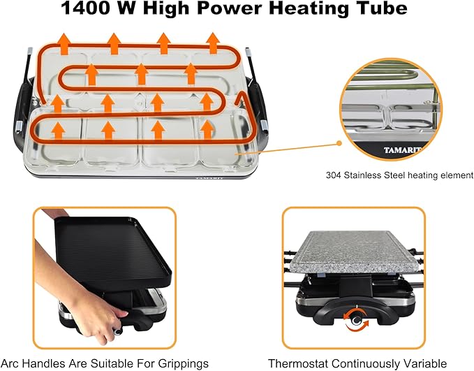TAMARIT Raclette Table Grill Portable 3 in 1 Korean Barbecue BBQ Electric Indoor Griddle with Non-Stick Reversible Plate and Cooking Stone for Steak 1400W Raclette Grill for 8 Person, Black