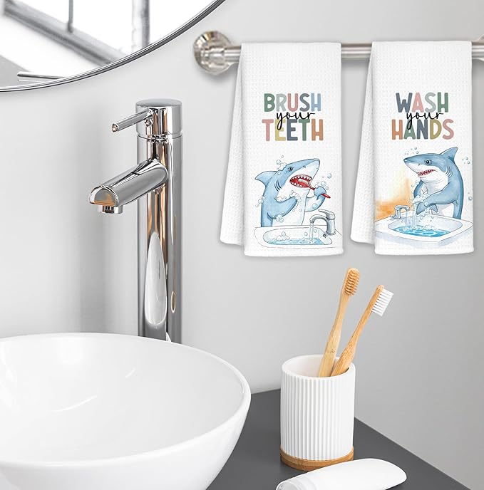 Shark Bathroom Hand Towels, Shark Bathroom Decor, Sharks Lover Gifts Decorative Hand Towels for Kids Bathrooms, Funny Coastal Beach Kitchen Towels, 16x24 Inch Set of 4
