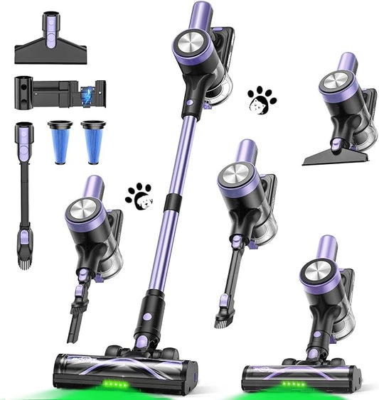 Cordless Vacuum Cleaner, 46KPa/500W Stick Vacuum with 55 Mins Runtime, Self-Standing Vacuum Cleaner for Home, LED Display, Anti-Tangle Brush, Rechargeable Vacuum for Hardwood Floor, Pet Hair (Violet)