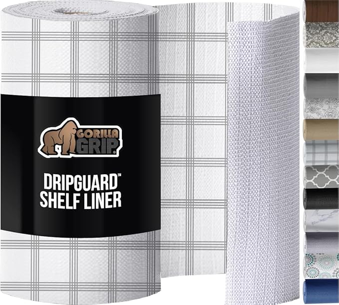 GORILLA GRIP Slip Resistant Drawer and Shelf Liner 2 Pack, Non Adhesive Water Resistant, Easy Trim, Smooth Surface Liners for Kitchen Cabinet Shelves Drawers Pantry, 17.5 IN x 20 FT, Stripe Gray White