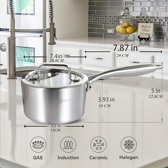LOLYKITCH Tri-Ply Stainless Steel 2.5 QT Saucepan with Lid,Dia.18CM Induction Cooking Sauce Pot,Oven and Dishwasher Safe,Detachable Handle.