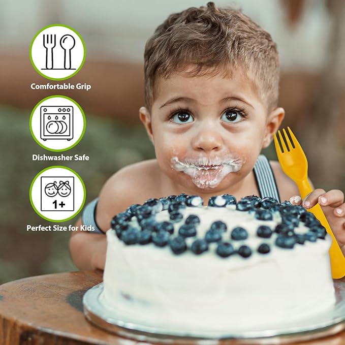 12 Pcs Kids Spoons and Forks Toddler Utensils Plastics Reusable Silverware Baby Cutlery Set Feeding Dinnerware Utensils BPA Free Microwave Dishwasher and Freezer Safe- Yellow