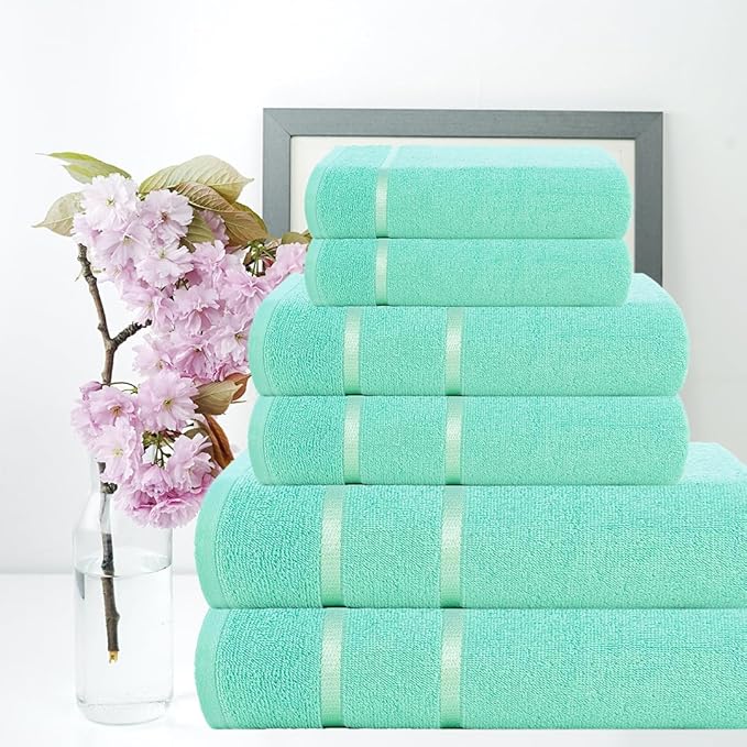 CASA COPENHAGEN Eternal 6 Pieces Towel Set- Aqua Blue, 500 GSM 2 Bath Towel 2 Hand Towel 2 Washcloth, Designed in Denmark Made of Soft Egyptian Cotton for Bathroom, Kitchen & Shower