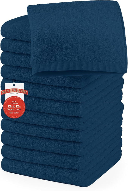 RIVERSIDE 12 Pack Washcloths - 12x12 Inches, 400 GSM, 100% Ring-Spun Cotton - Soft, Absorbent & Durable Face and Body Towels - for Bathroom, Spa, Gym, Makeup Removal & Everyday Use - Blue Opal