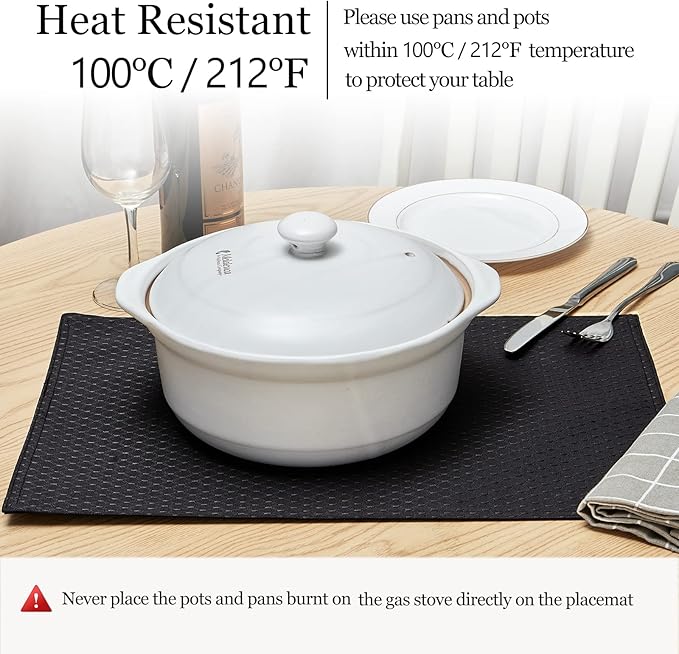 Place Mats Set of 8 – Rectangle Rectangular Waterproof Fabric Polyester Cloth Washable Wipeable Heat Resistant Placemats for Kitchen Dining Dinner Table Indoor 13 x 19 Inch Black