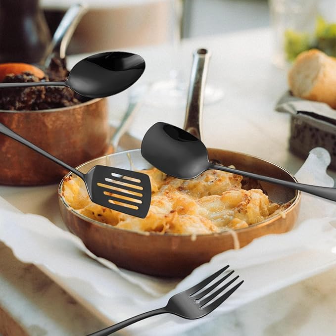 Black Utensils Catering Set 11-Piece Stainless Steel Spatula Turner Serving Spoon Fork Skimmer Ladle Cake Server Cutter, Buffet Banquet Kitchen Restaurant Hostess Set Easy to Clean