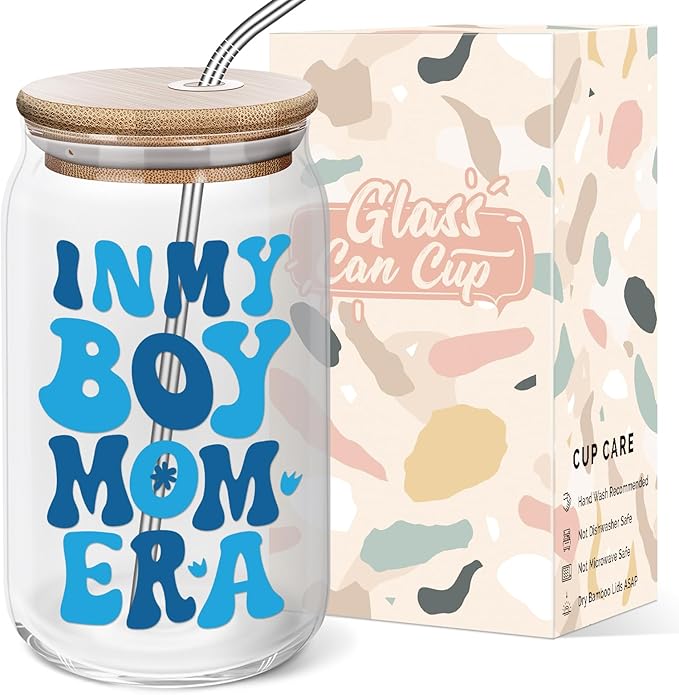 Christmas Boy Mom Gifts - Mothers Day Birthday Gifts for Boy Mama, Pregnant New Mom, Expecting Mother, Moms To Be, First Time Mommy - 16 Oz Coffee Glass Cups