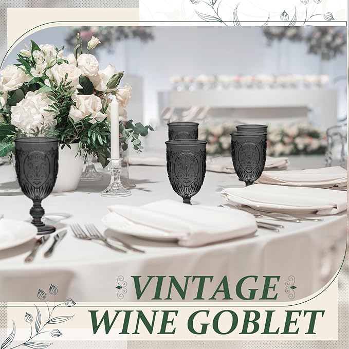 24 Pcs Plastic Goblets 7.5oz Vintage Goblet Plastic Wine Glasses Colored Retro Embossed Water Goblets for Wine Bar Juice Baby Shower Wedding Reception Grand Event Party (Black)