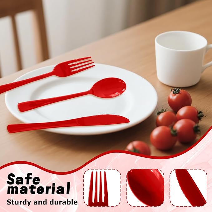 300 Pack Disposable Plastic Silverware, Heavy Duty Red Plastic Cutlery Set Includes 100 Forks 100 Knives 100 Spoons for Birthday Wedding Party Picnics (300, Red)