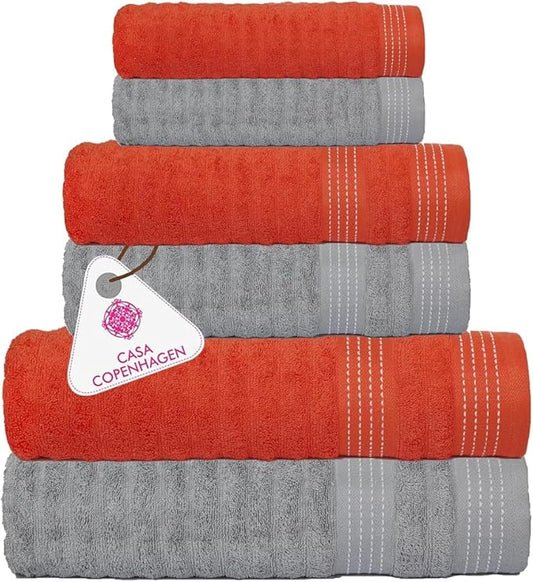 CASA COPENHAGEN Elegance 6 Pieces Towel Set- Orange + Grey Violet, 550 GSM 2 Bath Towel 2 Hand Towel 2 Washcloth, Designed in Denmark Made of Soft Egyptian Cotton for Bathroom, Kitchen & Shower