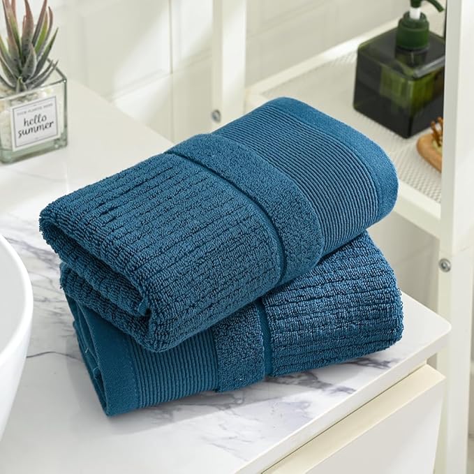 sense gnosis Blue Navy Hand Towel Set of 2 Ribbed Striped 100% Cotton Super Soft Thick Absorbent Decorative Hand Towel for Bathroom 13 x 29 Inch