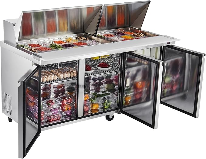 VEVOR 72"W Commercial Refrigerator, 18.7 Cu. Ft Sandwich Prep Refrigerated Table, Mega Top Food Prep Fridge with 30 Pans and Cutting Board, Stainless Steel Salad Prep Cooler for Restaurant, Food Truck