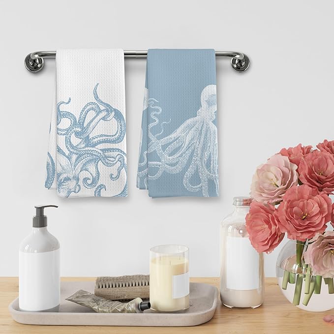 Coastal Light Blue Octopus Beach Decor Dish Hand Tea Towels for Bathroom Kitchen, Girly Octopus Ocean Nautical Beachy Bathroom Decor, Coastal Kitchen Towels and Dishcloths Sets of 2, 16x24 In