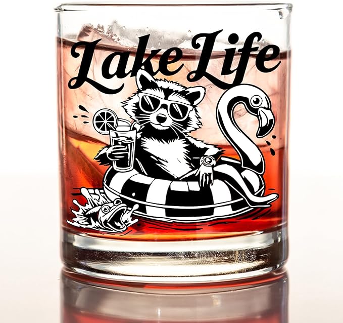 kunlisa Funny Lake Raccoon Whiskey Glasses, Funny Raccoon Gifts, Lake House Decor and Gift 10 oz Drinking Rocks Glasses for Women Men Whisky Cocktail Scotch Bourbon Liquor