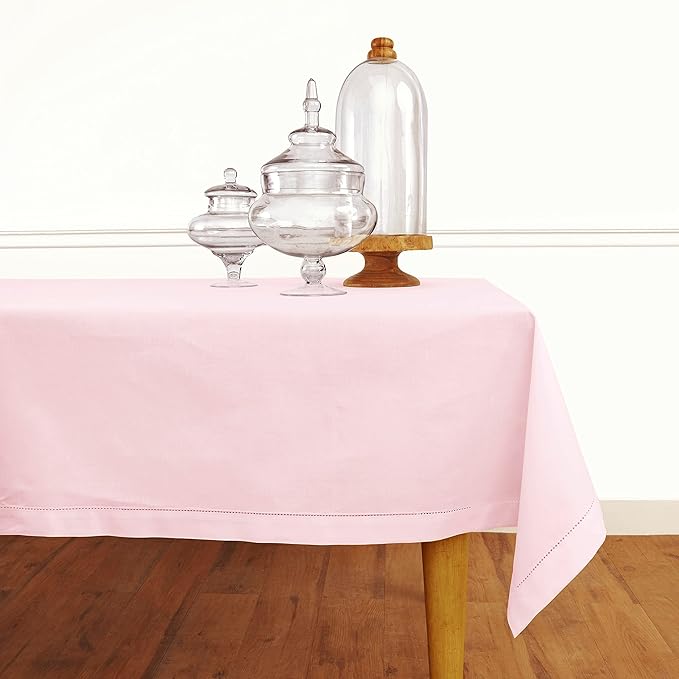 Solino Home Pink Tablecloth 52 x 52 Inch - Cotton Linen Hemstitch Square Tablecloth - Machine Washable Table Throw for Valentines, New Year