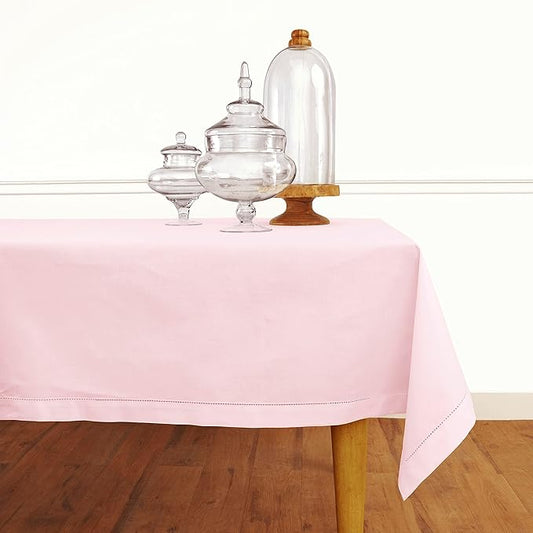 Solino Home Pink Tablecloth 52 x 52 Inch - Cotton Linen Hemstitch Square Tablecloth - Machine Washable Table Throw for Valentines, New Year
