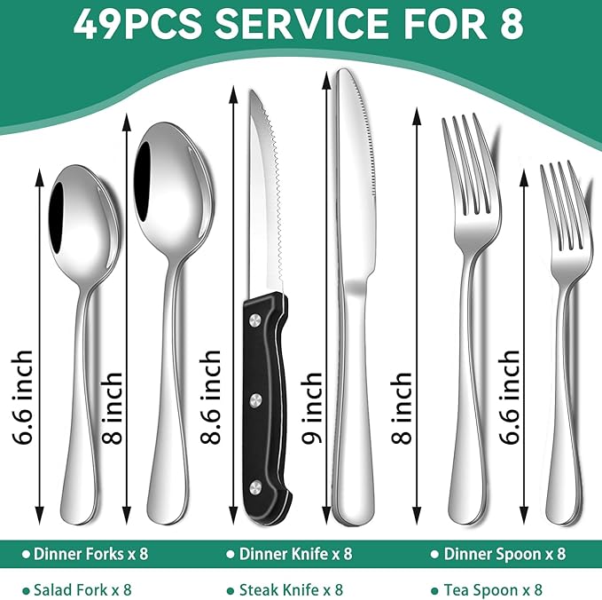 49-Piece Silverware Set with Organizer, Stainless Steel Flatware Utensils Set for 8, Forks and Spoons Silverware Set Cutlery Set with Steak Knives, Dishwasher Safe