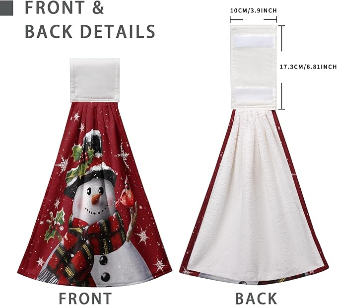 Snowman Xmas Hanging Kitchen Towels Winter Holiday Dish Towel with Hanging Loops Christma Hand Tie Towels Soft Absorbent for Bathroom Home Tabletop Decor 12x17 Inch Set of 2
