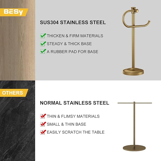 BESy 17 Inch Antique Brass Stand Towel Bar Hanger Hand Towel Bar Bathroom Vanity Countertop Towel Holder Free Standing Stainless Steel Towel Ring Hardware Accessories Towel Rack