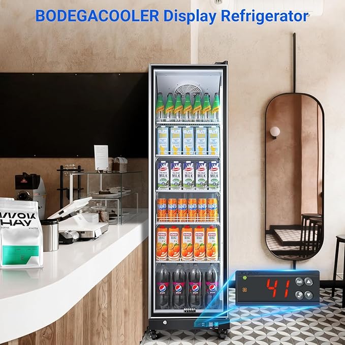 BODEGACOOLER Commercial Beverage Refrigerator with Glass Door,12.5 Cu.Ft Commercial Drink Refrigerator,Upright Large Display Merchandiser Beverage Bar Cooler with Soft LED Light,Adjustable Shelves