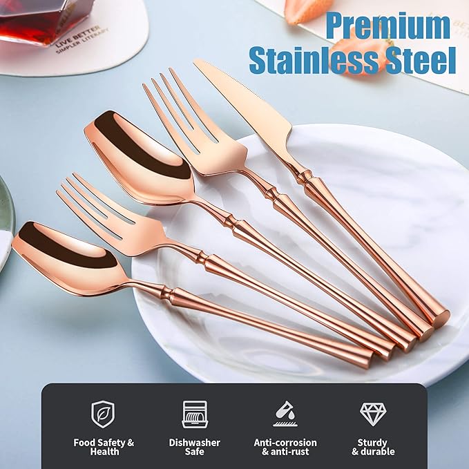 Lemeya 20-Piece Rose Gold Silverware Set for 4,Modern 18/10 Stainless Steel Flatware Set,Unique Rustic Cutlery Utensils Set,Spoon and Fork Set for Home, Restaurant,Mirror Polished,Dishwasher Safe