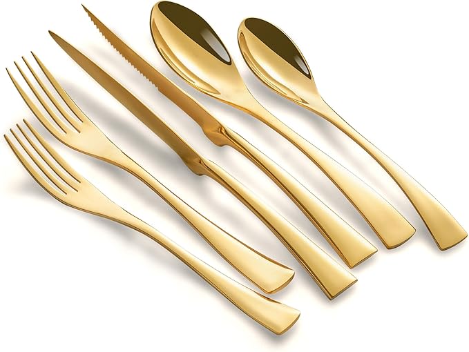 24 Pieces Gold Silverware Set with Steak Knives Service for 4,Modern 18/10 Stainless Steel Flatware Cutlery Set,Utensil Set for Home Restaurant Hotel,Mirror Polished,Dishwasher Safe