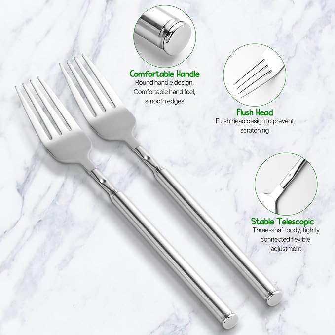 【3 PCS】Extendable Fork for Jokes, Expandable Forks, Extended/Extending/Extend, Extension from 8.7" to 25.4" Long, Stainless Steel Telescopic/Telescoping/Retractable Dinner Fork. Silver