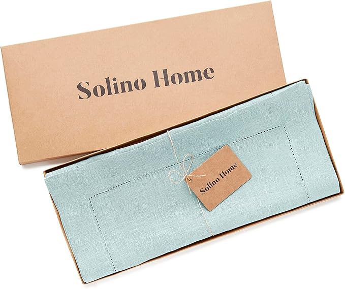 Solino Home Linen Aqua Blue Table Runner 120 Inches Long - 100% Pure Linen Hemstitch 14 x 120 Inch Table Runner for Dining, New Year, Winter - Classic Hemstitch