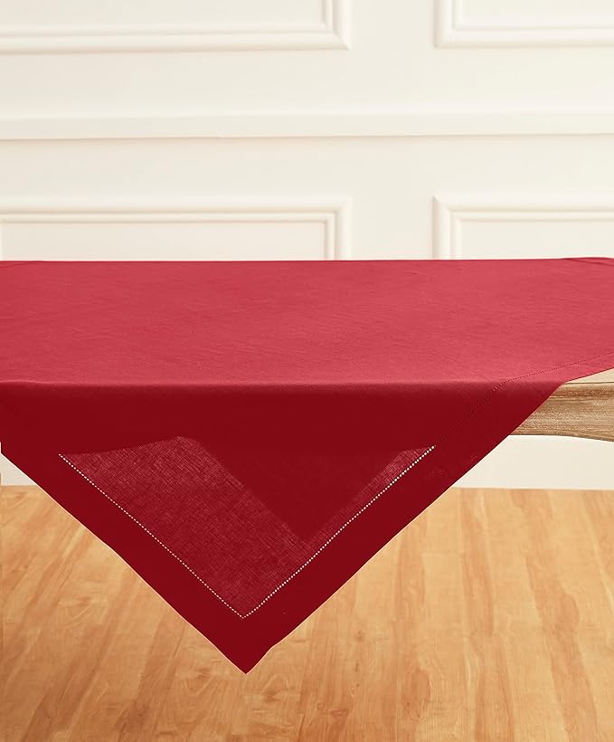 Solino Home Red Linen Tablecloth 52 x 52 Inch - 100% Pure Linen Square Table Throw - Classic Hemstitch, Machine Washable Table Cloth for Valentines, New Year