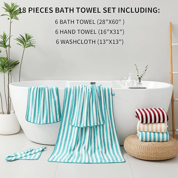 18-Piece Microfiber Bath Towels Set - 6 Bath Sheet, 6 Hand Towels, 6 Washcloths, Soft, Highly Absorbent Bathroom Towel, Quick Dry & Less Lint Shower towel for Bathroom, Hotel, Spa, Dorm-Aquamarine